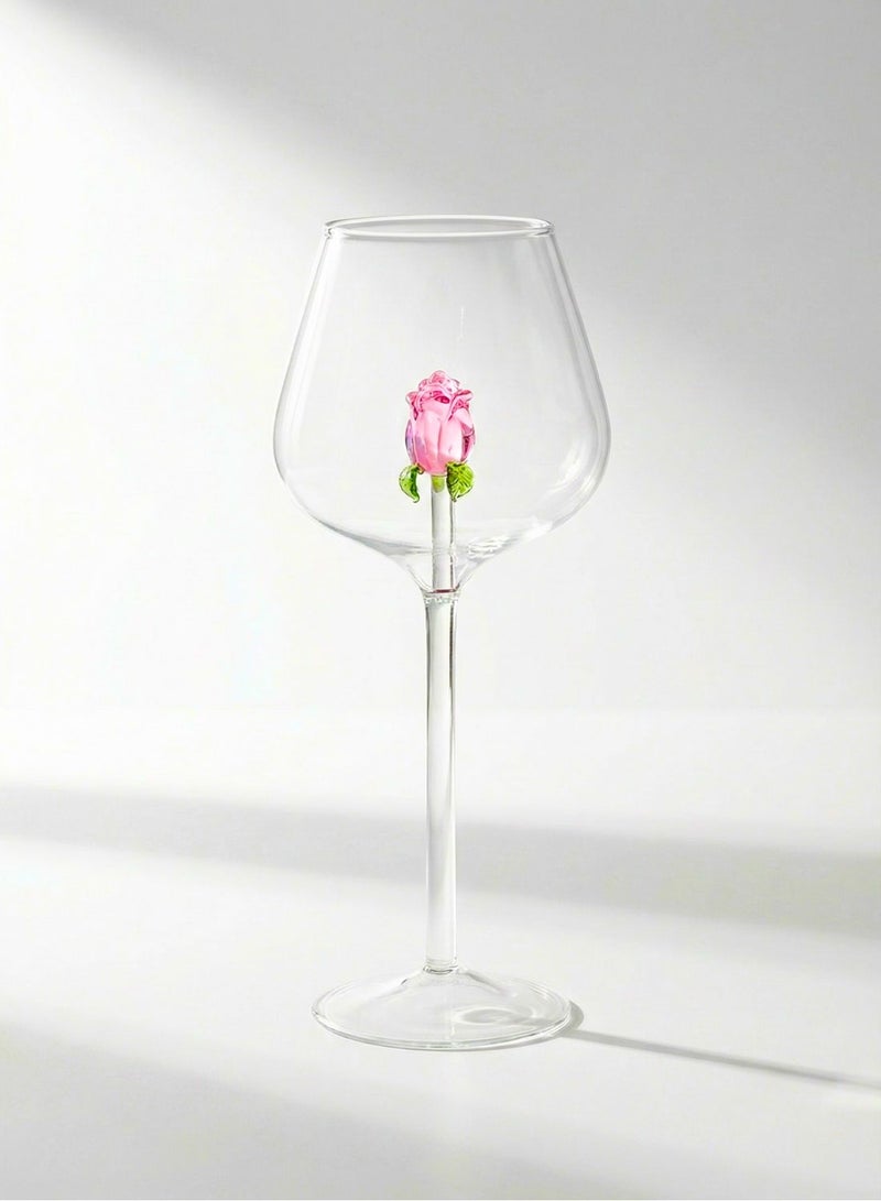 1Chase Borosilicate Pink Champagne Glass with Rose Inside, 650ML Creative Wine Glass, Wedding Champagne Flute, Decorative Glass Cup for Parties, Dinners & Special Occasions - Image 1